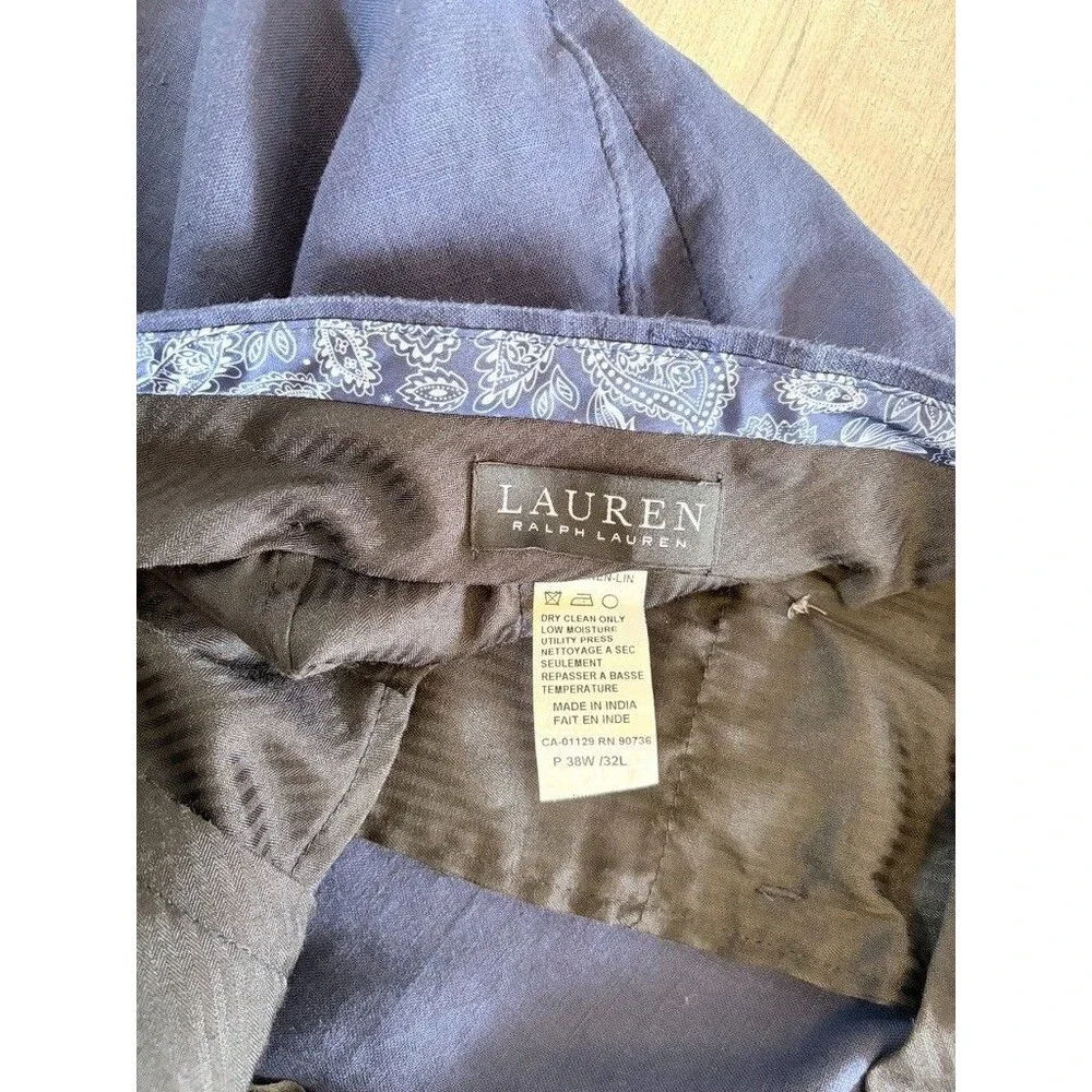 Lauren Ralph Lauren Mens 38X32 Navy Blue 100% Linen Dress Pants Trousers